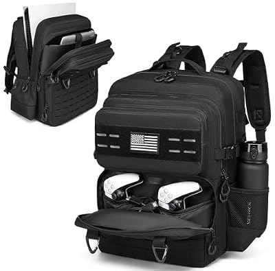 BISKLNDN Tactical Gaming Backpack for PS5, Travel Carrying Case for PS5/PS5 Pro/PS5 Slim/PS4, Console Backpack Travel Bag with Protective Liner for Playstation 5, 15.6" Laptop, Controllers & Accessory
