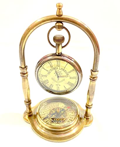 RK NAUTICAL INSTRUMENT Victoria London Vintage Style Brass Pocket Watch with Compass Stand, Decorative Clock Display, 1876 Replica - Thumbnail 2