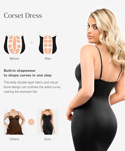 Image of Popilush Corset Dress Built in Shapewear - Formal Dress for Women Deep V Neck Maxi Slip Bridesmaid Dresses for Wedding