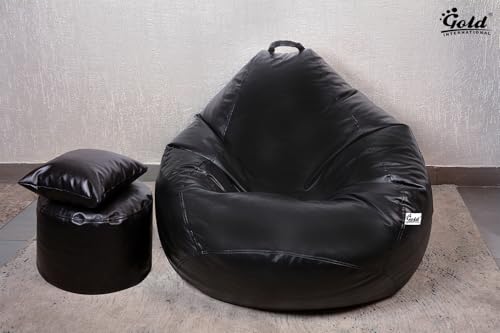 Image of Gold 3XL Bean Bag Combo with Footstool & Cushion | Faux Leather Teardrop Bean Bag for Adults & Teens | Pre-Filled with Beans | Home, Bedroom, Living Room, Office (3XL - Black)