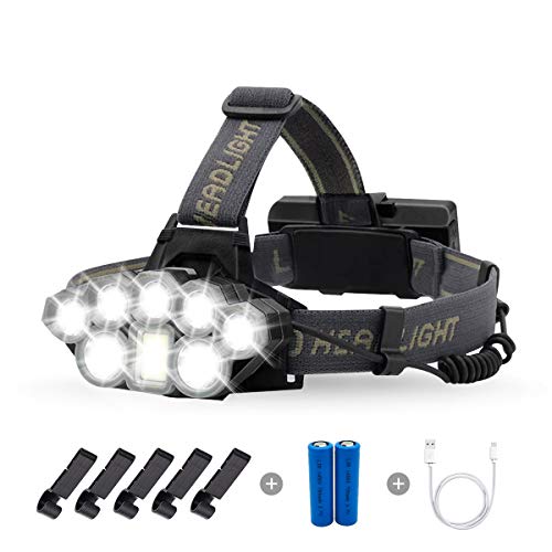 Briignite Rechargeable Headlamp, 8 LED High Lumen Headlamp Flashlight 6 Modes with White Red Lights, 18650 USB Rechargeable Waterproof Headlight Flashlight for Camping, Hiking, Cycling, Outdoors