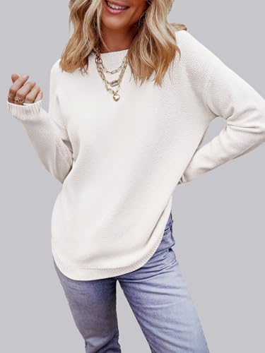 MEROKEETY Women's 2025 Fall Long Sleeve Oversized Crew Neck Solid Color Knit Pullover Sweater Tops, White S3