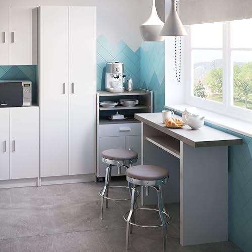 Habitdesign - Mueble Microondas con Ruedas, Carro Auxiliar de Cocina 2 Puertas 1 Cajón - Armario Compacto para Almacenaje - Blanco Artik y Cemento - 59x92x40 cm (AnchoxAltoxFondo) - Modelo Tidy - imagen 7