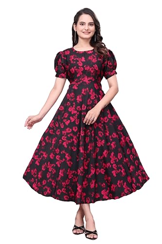 Image of Women's A-Line Crepe Maxi Dress | Stylish Fit and Flare Dress with Round Neck Short Puff Sleeves for Casual Wear