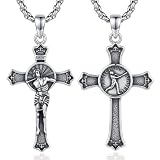 DRINSPER Collar con crucifijo de San Sebastián para hombres y mujeres, plata de ley 925 con colgante de medalla de San Sebastián patrón de los atletas, protección religiosa católica, joyería deportiva