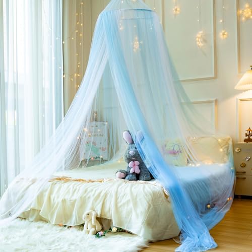 Image of Princess White Blue Bed Canopy for Girls Bed Net,Princess Canopy for Kids Bed Room Decor (White+Blue)