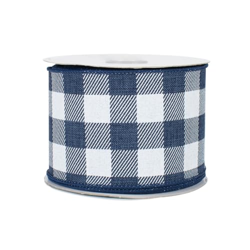 Navy Blue and White Plaid Wired Ribbon - 2 1/2