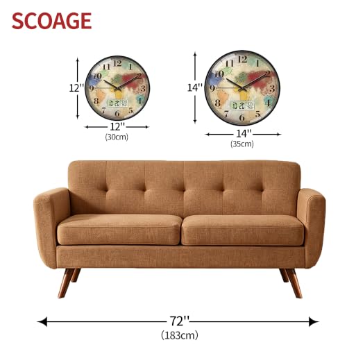 Image of 14'' World Map Wall Clock, Analog Clock with Digital Display | Silent Non-Ticking, Battery Operated, Shows Date Day & Temperature, Decorative for Living Room, Bedroom, Kitchen, Office