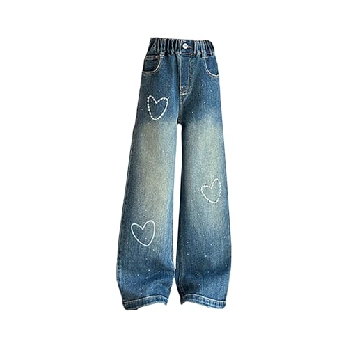 Girls Wide Leg Baggy Jeans Pearl Heart Print Elastic High Waist Denim Trouser Fall Straight Leg Pants with Pokets
