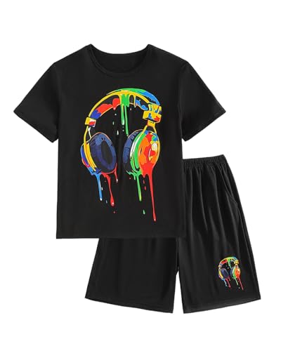 Image of Momkonzz Kids Boys Summer Clothes for Teen Shorts And Graphic T Shirts Short Sleeve Sets With Pockets Size 7-13T (Black, 11-12T)