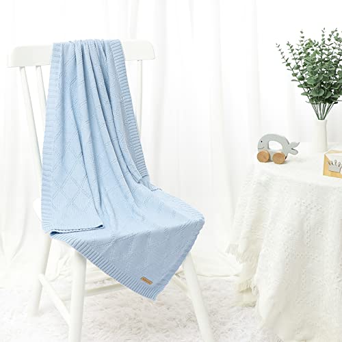 Hadetoto Baby Blanket Soft 100% Cotton Knitted Baby Cellular Blanket for Newborn Boy Girls - Blue, Crib - Image 4