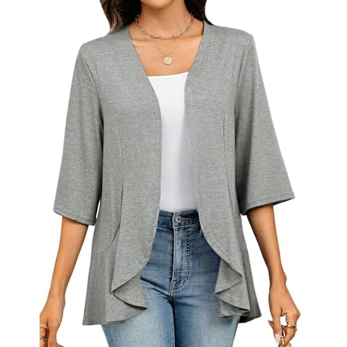 Totatuit Womens 3/4 Sleeve Lightweight Cardigan Open Front Kimono Ruffle Loose Summer Cardigans