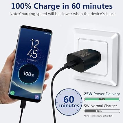 Image of Original Super Fast Charger with C to C Cable Compatible with Samsung | S23 Fe / S22 / S21 Fe 5G / S20 (Adapter*Cable)*Black | 25Watts GFR568