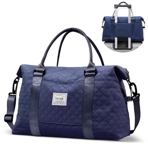 Image of BAGAIL Travel Duffel Bag, Weekender Bags for Women, Overnight Gym Carry On Tote Bag with Wet Pocket, Hospital Mom Bag for Labor and Delivery - Grid-Navy Blue