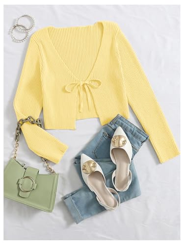 Image of Floerns Women's Tie Front Long Sleeve Rib Knit Shrug Sweaters Cardigan Crop Top