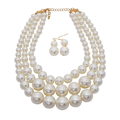 JNF Big Pearl Necklace for Women Faux Pearls Choker Bracelet and Earrings Pearl Jewelry Sets for Wedding (Big pearl necklace white)