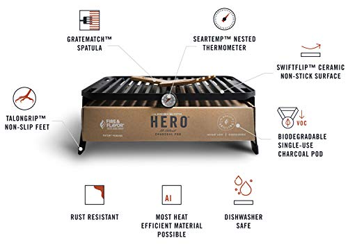 Fire & Flavor Hero Grill Kit Ultra-Portable Easy Instant Light Charcoal Grilling For Tailgating, Beach, Rv, Park, Patio Or Outdoor Activities With Reusable Eco-Friendly Pod #TOP5