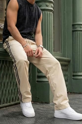 Image of Veirdo Cotton Terry Side Striped Oversized Loose Fit Knitted Cargo for Men (Colors: Beige & Olive)
