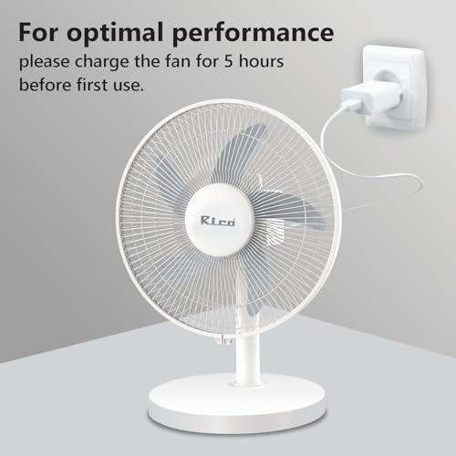 Image of Rico Rechargeable 12 inch Table Fan | Runtime: 3hr (High) & 10hr (low) | With Built in power bank to charge your phone Type-C Charging | BLDC Motor with 3-Speed Settings |Silent Operation | Portable