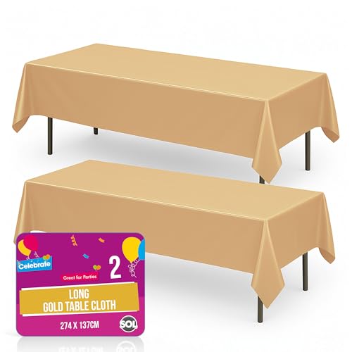 SOL 2pk Long Gold Table Cloth Party 274x137cm Plastic Cover Disposable Tablecloths for Parties - Spill Protection - Great for Weddings, Buffets, Catering, Restaurants, Outdoor Events & Celebrations