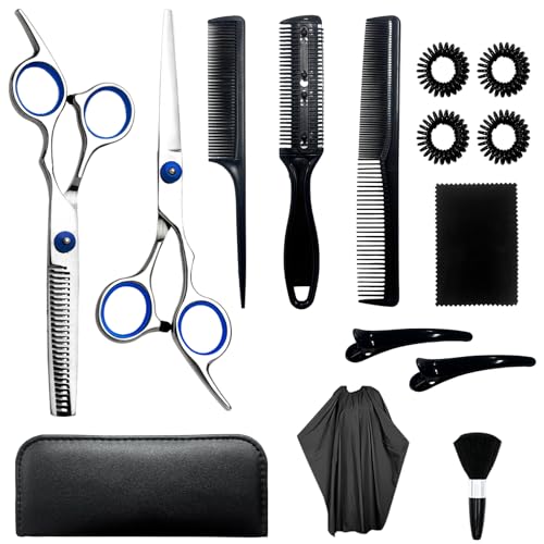 IKKAB Friseurschere Set 15-teilig, 6.7 Zoll Haarschneideschere & Effilierschere Profi für Damen, Herren, Kinder, Inkl. Schere Haare Schneiden, Bartscherschere, Frisörumhang & Zubehör