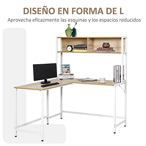 Miniatura 5 de Homcom Escritorio En Forma De L Multifuncional Mesa De Ordenador Para Oficina O Estudio Con Estantes Altos Espacio Amplio Moderno Y Minimalista 140x125x149 Cm Color Madera