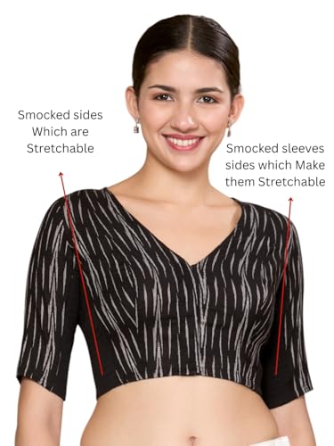 Image of Studio Shringaar Women's Cotton Half Sleeves Ikat Stretchable (Smocked) Readymade Saree Blouse
