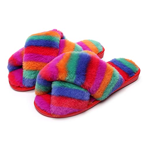 Fayuekey Women's Soft Fuzzy Furry Slippers Cross Band House Memory Foam Plush Open Toe Comfy Slides Indoor Outdoor (8-9, Rainbow R, Numeric_8) #TOP25