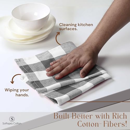 Image of Gray Buffalo Plaid Checked Dish Towels 12 Pack, 100% Cotton, 16x26 Inches, Super Absorbent, Quick Drying, Soft, Lint-Free, Durable Tea & Bar Towels with Hanging Loop, Grey and White