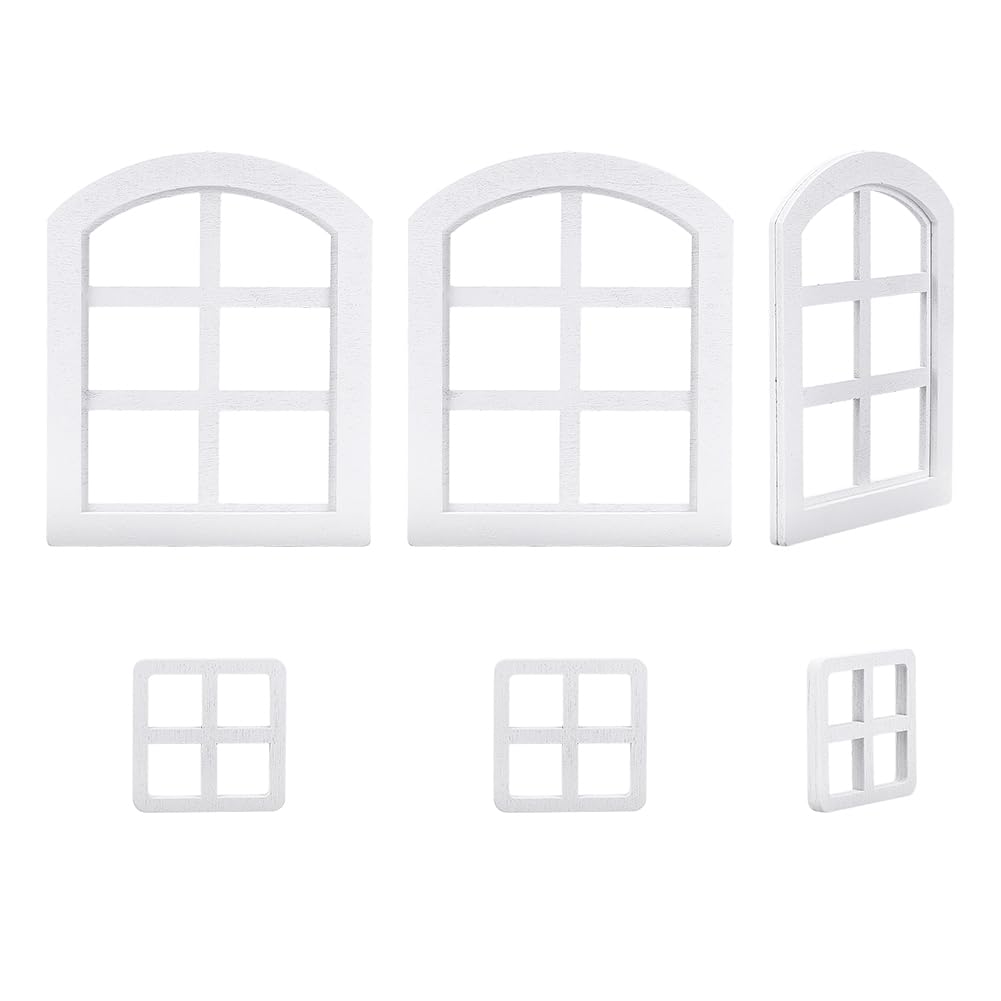 BENECREAT 6 Pcs Dollhouse Windows, 2 Styles Wooden Miniature Window 1:12 Frame Miniature Furniture, Decorative Props for Dollhouse(White)
