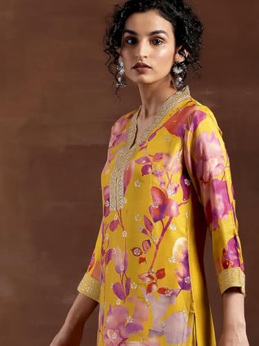 Image of Libas Womens Printed Silk Blend Straight Kurta With Trousers and Dupatta | daily wear suit