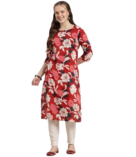 MANHAREE |Women's Cotton Floral Printed Straight Kurta & Pant Set, Red| Ethnic Wear Set for Ladies | Cotton Cord Set Deal