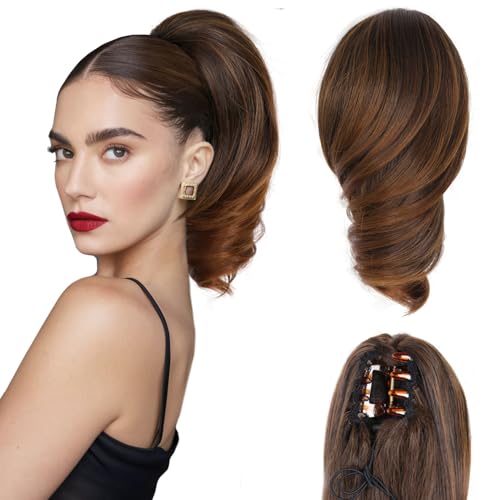 ZQIAN BEAUTY 12 Inch Short Ponytail Extension - Clip in Ponytail Hair Extensions, Curly Wavy Pony Tails Hair Extensions, Synthetic Claw Clip Ponytail Extension for Women (Color: Copper Brown)