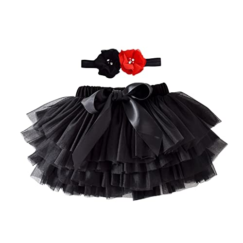 Baby Girl Mesh Tutu Skirt Newborn Infant Layered Tulle Skirt with Headwear Birthday Carnival Party (Black, 0-6 Months)