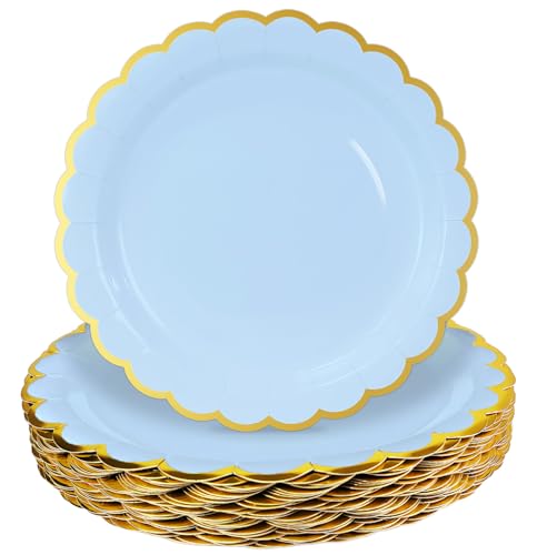 HEIPINIUYE 50 Pieces Light Blue Paper Plates with Gold Foil 7 Inch Disposable Baby Blue Scalloped Dinner Plates for Wedding Baby Shower Birthday Party Dessert Plate