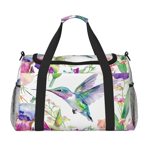 Duffle Bag Spring Hummingbird Iris Floral Travel Duffel Bags for Men Women with Adjustable Strap Carry on Gym Bag Overnight Weekender Bag