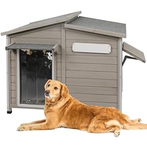 43″ L Outdoor Extra Large Dog House with Removable Floor, Raised Feet, Anti-Chewing Iron Frame – Wooden Kennel with Asphalt Roof, Window for Indoor/Outdoor Use, Ideal for Medium to Large Dogs