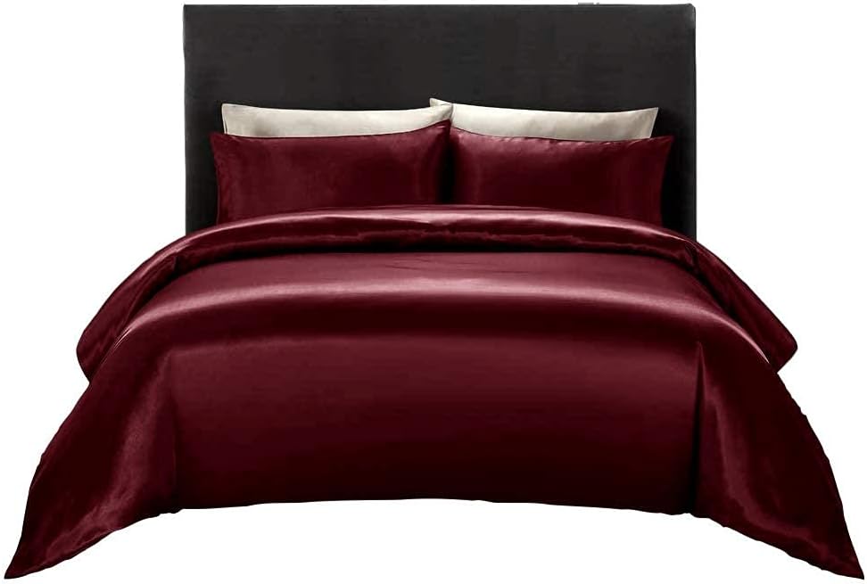 100% Pure Silk Satin Duvet Set with 2 Pillowcases Wrinkle Free Fade Resistant One Silk Satin Duvet Cover | Two Pillowcases | Cool Soft Silk Duvet Set (Rose Pink, Full/Queen)