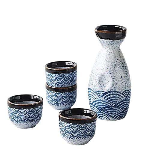 CGgJT Pot à saké, Fleur d'hiver Bleue Vague Japonaise Vague en Porcelaine Set avec 4 Tasses 1 décanteur/Bouteille/Carafe, pour Le Froid/Chaud/Chaud, l'ensemble de Cadeaux de ménage d'anniversaire