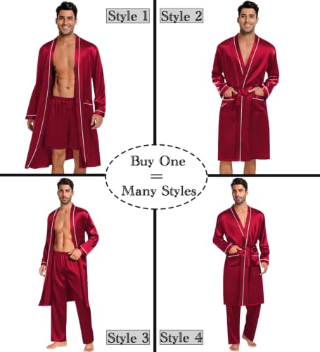 Image of SWOMOG Mens 3 PCS Satin Robe with Pants & Shorts Set Kimono Bathrobe Long Sleeve Sleepwear Pjs Sets with Pockets