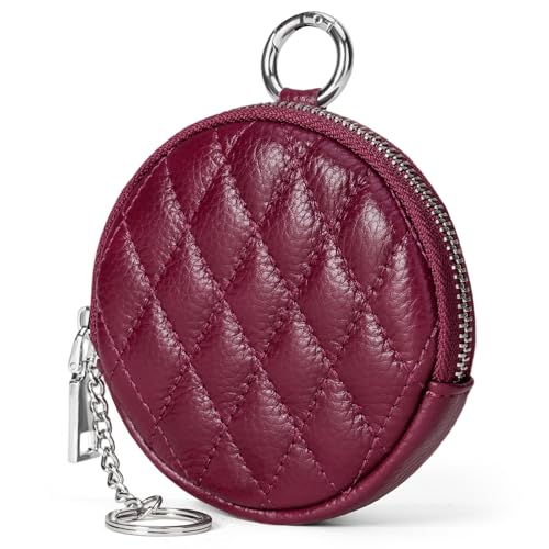SENDEFN Leather Round Coin Purse for Women with Keychain Small Change Wallet Zipper Coin Pouch
