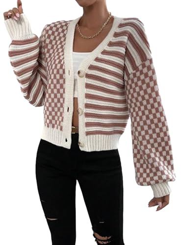 Women's Long Sleeve Cardigan V Neck Drop Shoulder Cardigan Ribbed Knit Two Color Checkered Loose Warm Cozy Ladies Sweater Top4