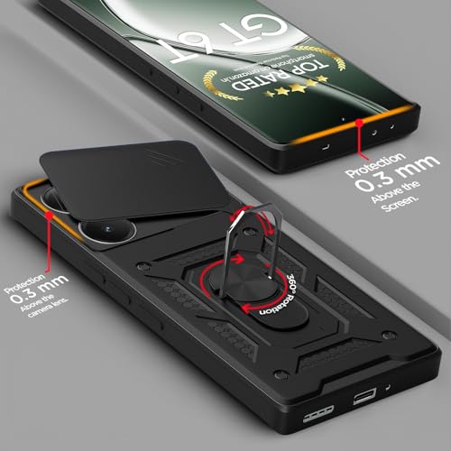 Image of Pikkme D10 Tough Armor Bumper Case | 360 Protection Case | Sliding Camera Shield Cover & Ring Holder Stand Back Cover for Realme GT 6T 5G / GT Neo 6 SE 5G (Black)
