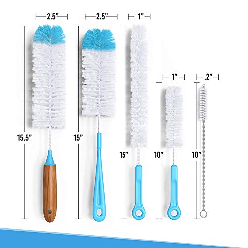 Bottle Brush Cleaner 5 Pack - Long Water Bottle and Straw Cleaning Brush - Kitchen Wire Scrub Set for Washing, Wine Decanter, Baby, Kombucha, Pipes, Hydro Flask Tumbler, Sinks, Beer Brewing Supplies - Thumbnail 2