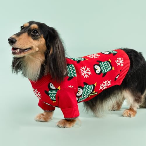 Image of Fitwarm Funny Penguins Dog Ugly Christmas Sweater, Winter Dog Clothes for Small Dogs Girl Boy, Pet Xmas Outfit, Green, Red, White, Large