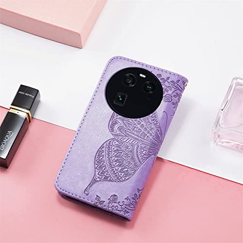 Ccsmall For Oppo Find X6 Wallet Case For Women Girls, Shiny Butterfly Flower Pu Leather Cover With Card Slot Holder Flip Phone Case For Oppo Find X6 Rhinestone Purple #TOP1