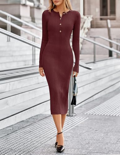 MEROKEETY Women's Long Sleeve Fall Sweater Dress 2025 Button Crew Neck Ribbed Knit Bodycon Midi Maxi Dresses2