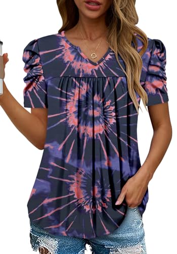 KISSMODA Tops for Womens Summer Cute Short Sleeve Shirts Trendy Notched Neck Blouses Casual Loose Pleated Tunics S-3Xl