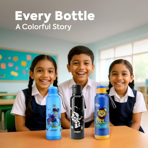Image of Go24 pexpo Sonnet 900 PU Insulated Stainless Steel Water Bottle for Kids - 680ml | Flip-Top Cap | Leakproof & BPA Free| Carry Strap | for School, Sports, Travel, Picnic, Outdoor - Black Astronaut