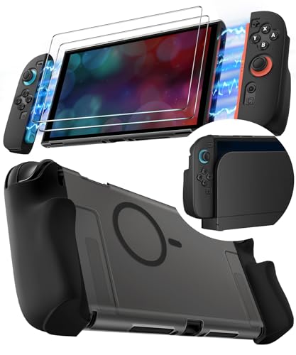 ivoler Matte Dockable Magnétique Coque Compatible avec Nintendo Switch 2 avec 2 TPU Grip Coque Souple pour Nintendo Switch 2 avec 2 Verre Trempé（Noir Transparent）